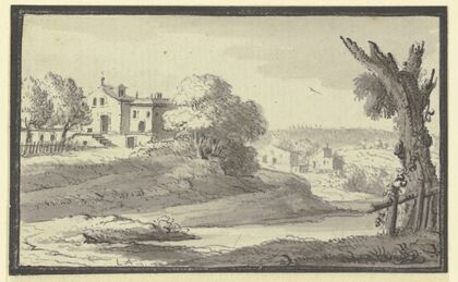 Landschaft mit Häusern auf einem Hügel am Wasser (1744)