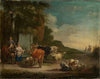 Landschaft mit Hirten und Herde am Brunnen