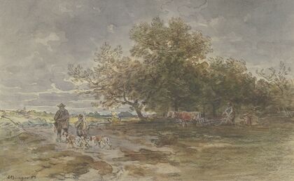 Landschaft mit Jäger und pflügendem Bauer