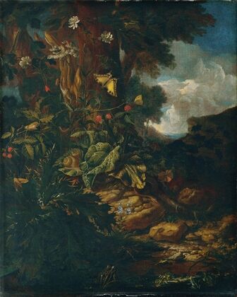Landschaft mit Reptilien und Insekten
