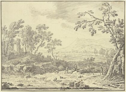 Landschaft mit Ruinen, vorne ein Hirte bei Schafen