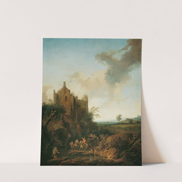 Landschaft mit Schlossruine und Pferdewagen by Christian Hilfgott Brand
