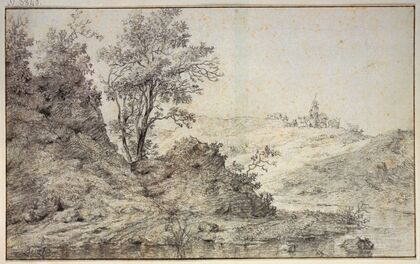 Landschaft mit Wasser, auf dem Hügel Hirte und Hirtin mit Vieh