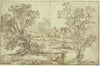 Landschaft mit Wasser, Baumgruppen und Gebäuden