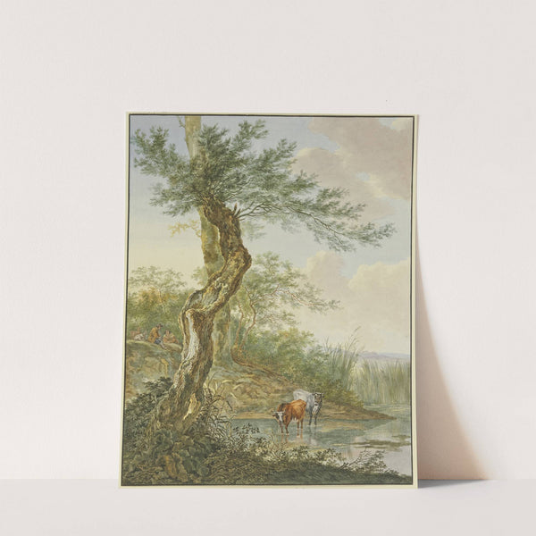 Landschaft mit Wasser, daran ein alter Weidenbaum, im Wasser zwei Kühe by Jacob Perkois