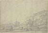 Landschaft mit zwei Hütten, rechts hohe Berge, vorne fünf Kühe