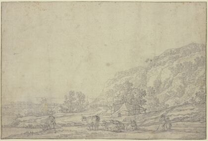 Landschaft mit zwei Hütten, rechts hohe Berge, vorne fünf Kühe