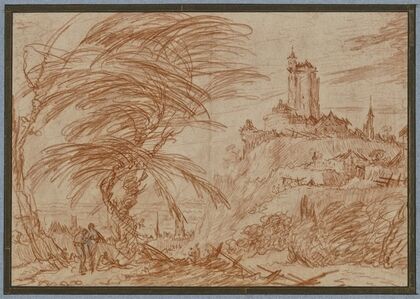 Landschaft, rechts auf einem Hügel ein großer Turm, links eine Baumpartie und einige Figuren — size preview