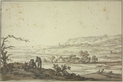 Landschaft, vorne links an einem dürren Baum zwei Figuren