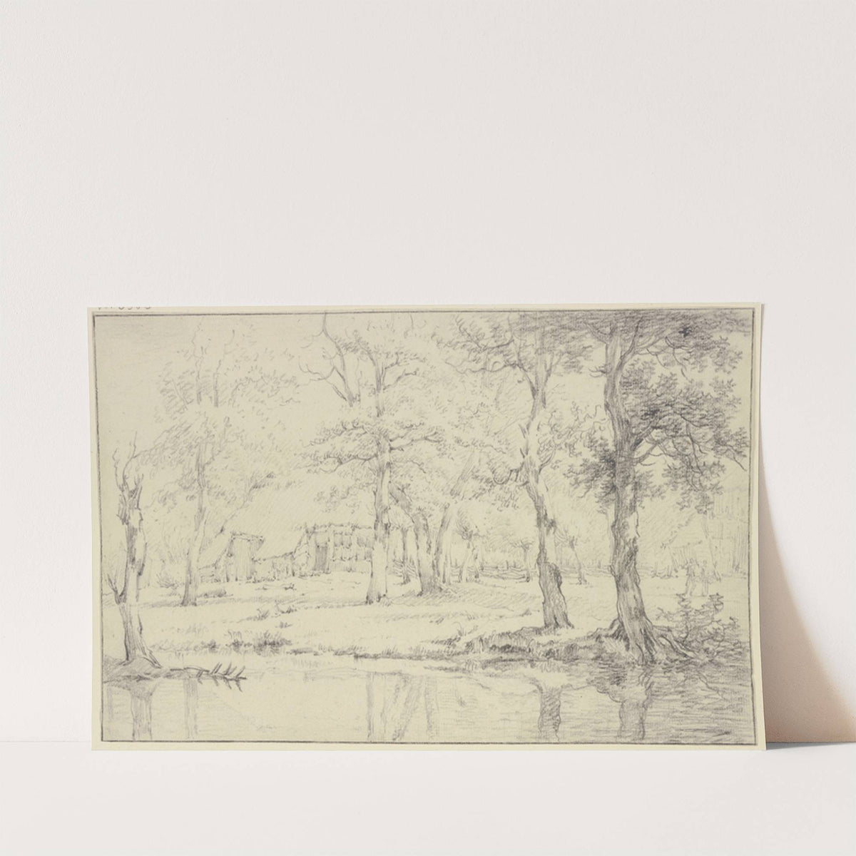 Landschaft, vorne Wasser, unter vielen Bäumen ein Haus mit Zaun by Jan Hulswit