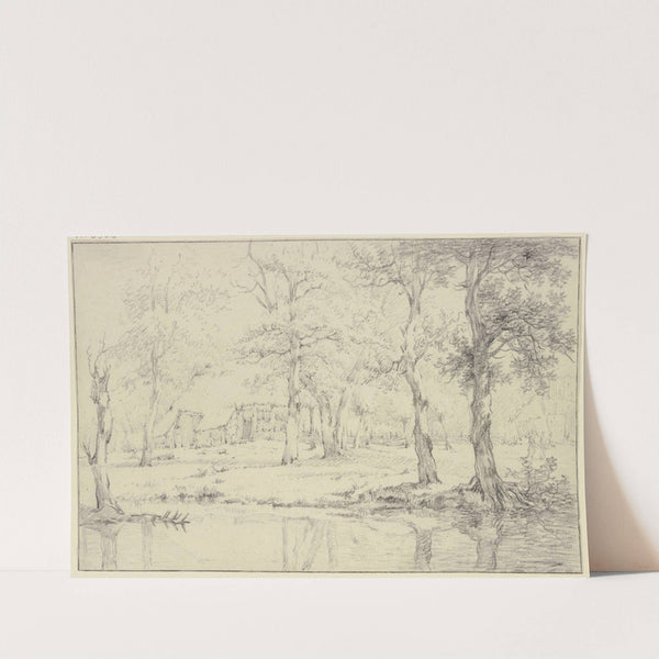 Landschaft, vorne Wasser, unter vielen Bäumen ein Haus mit Zaun by Jan Hulswit