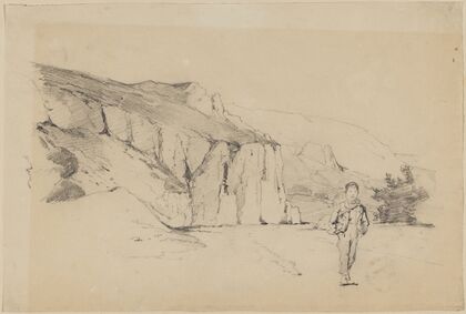 Landschaftsstudie; Blick auf Felsen und einen Jungen im Vordergrund