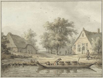 Landschap met afgemeerde schuit met vaten