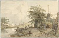 Landschap met bruggetje en huis aan weg langs een water