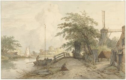 Landschap met bruggetje en huis aan weg langs een water