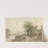 Landschap met bruggetje en huis aan weg langs een water by Jan Hulswit