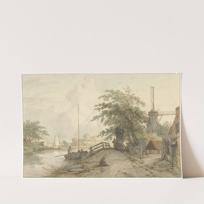 Landschap met bruggetje en huis aan weg langs een water by Jan Hulswit