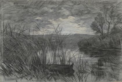 Landschap met een roeiboot tussen het riet van een rivier