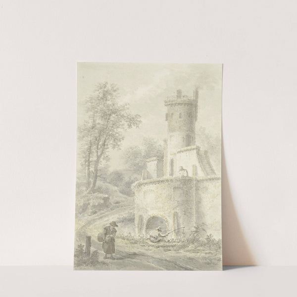 Landschap met hengelaar en wandelende vrouw bij een vestingtoren by Pieter Bartholomeusz. Barbiers