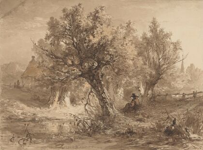 Landschap met hengelaar onder wilgen