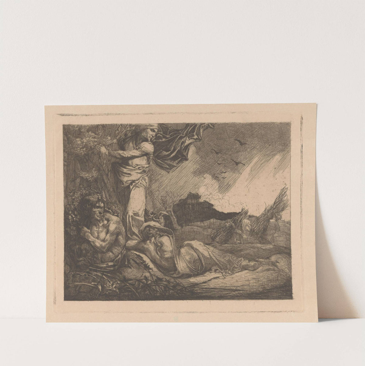 Landschap met korenveld, maaiers, sater en vrouwenfiguren by Johannes Josephus Aarts