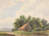 Landschap met schuur en in de verte een herder met schapen