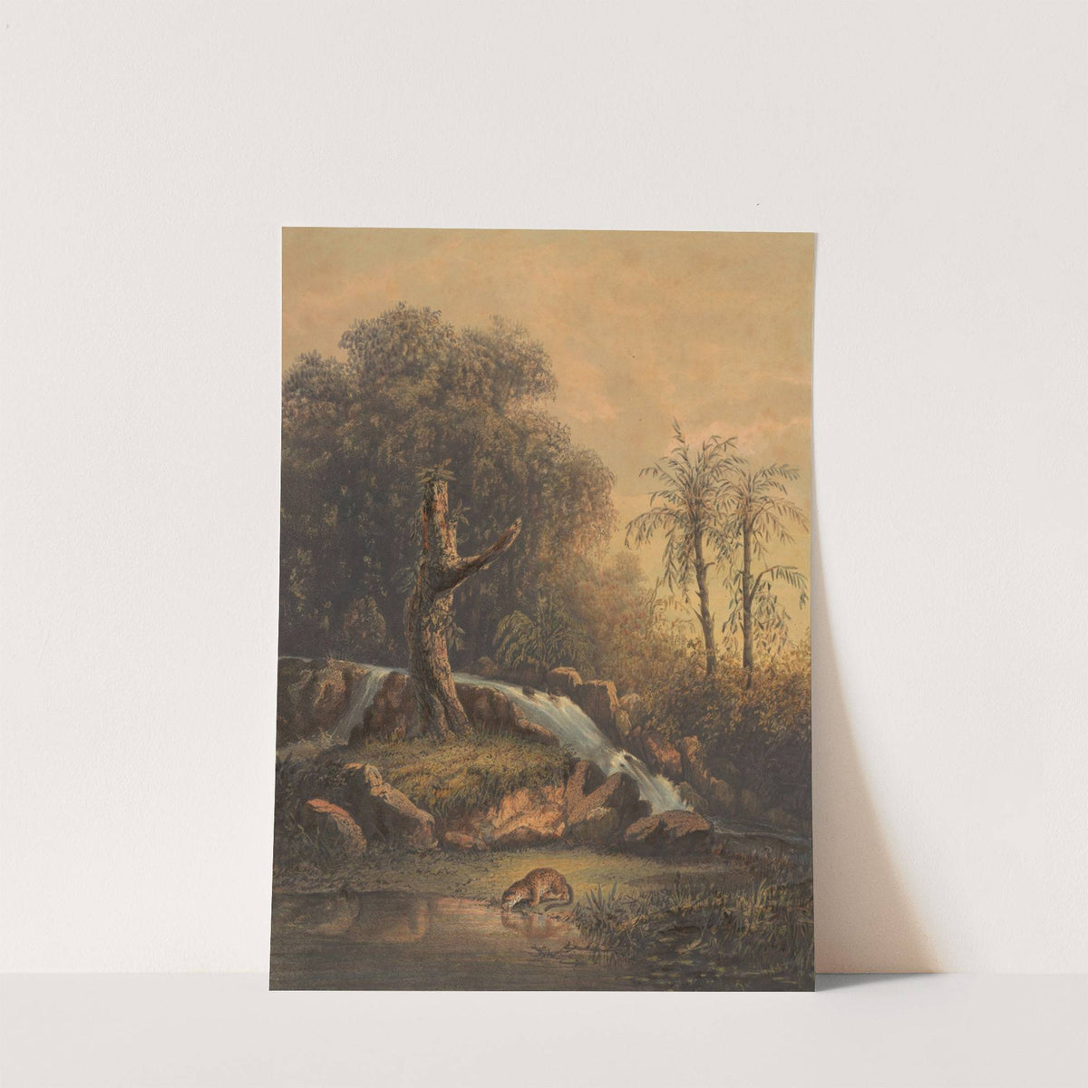 Landschap met waterval en drinkend luipaard. Woest landschap (oosthoek van Java) (1869) by Johan Conrad Greive