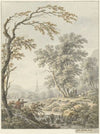 Landschap met waterval en in de verte een kerk