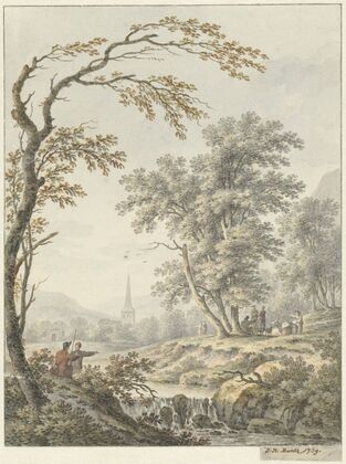 Landschap met waterval en in de verte een kerk