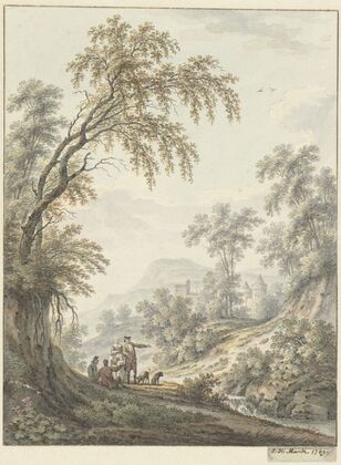 Landschap met watervalletje en in de verte een kasteel