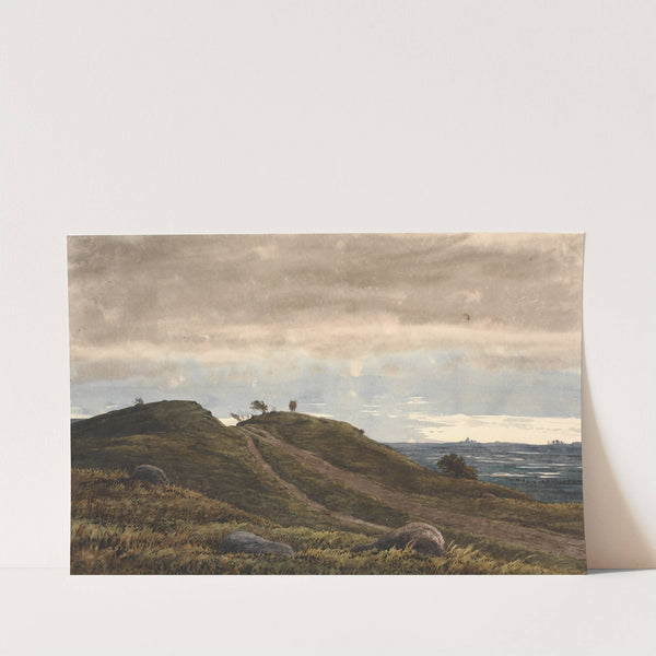 Landskab med en sandet vej, der fører over en lyngbakke. Til højre udsigt over vidtstrakt land med tørvemoser. Fra Raageleje-egnen by P. C. Skovgaard