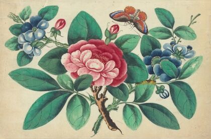 Large red flower, blue flowers, butterfly (1800-1899)