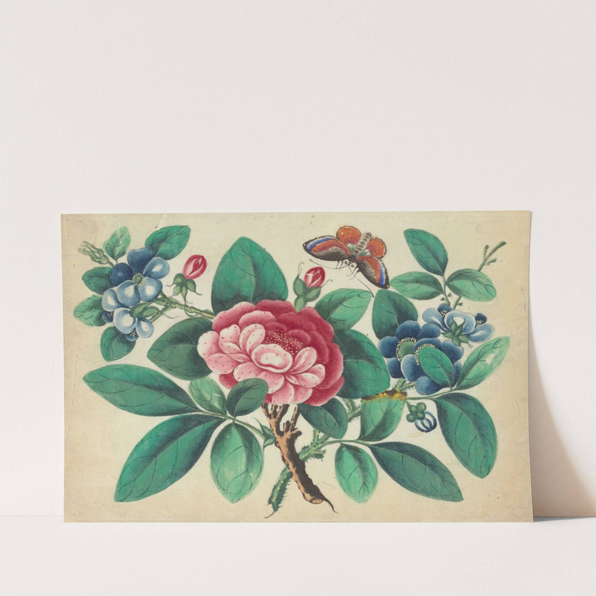 Large red flower, blue flowers, butterfly (1800-1899)
