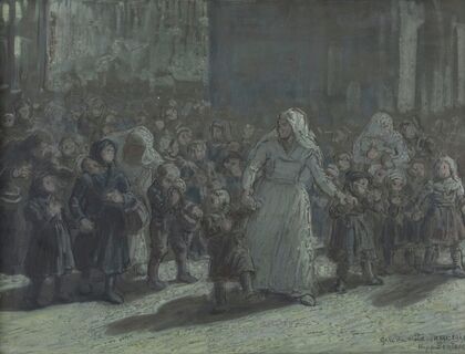 L’arrivÃ©e Ã  la gare du Nord en 1914. InfirmiÃ¨re conduisant des enfants
