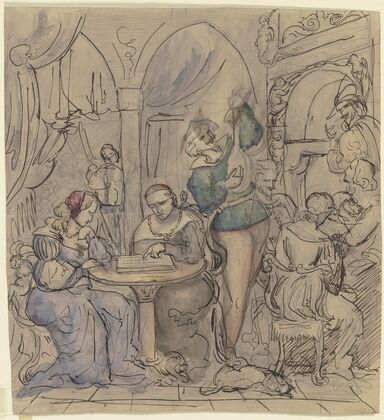 Lautenspieler in historischer Tracht, in galanter Salongesellschaft