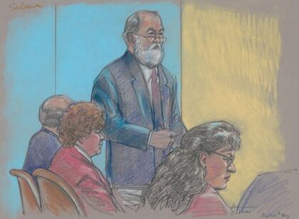 Lawyer speaking in front of others during the trial of Genene Jones for the murder of a child