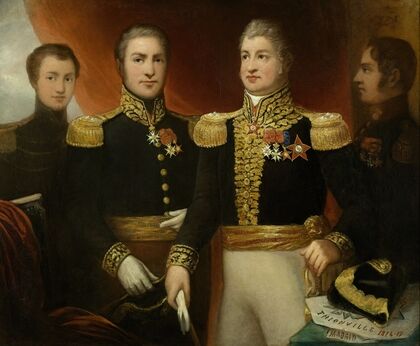 Le général Léopold Hugo avec deux de ses frères et son fils Abel en uniforme de la Restauration