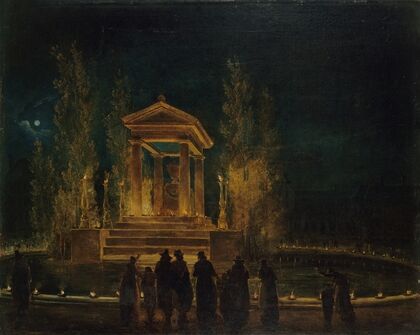 Le Mausolée provisoire de Jean-Jacques Rousseau, sur le bassin des Tuileries, avant la translation de ses cendres au Panthéon. Nuit du 10 au 11 octobre 1794