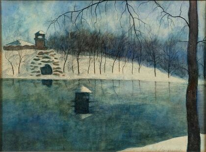 Le parc LÃ©opold d’Ostende avec l’Ã©tang et le Trinkhall, sous la neige