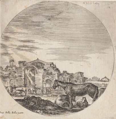 Le pâtre qui dort couché par terre, sur le devant, à droite.