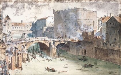 Le Petit-Pont et le Petit-Châtelet après l’incendie du 27 avril 1718, actuellement rue du Petit-Pont, quai Montebello (1915-1945) — size preview