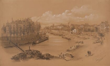 Le port Saint-Paul (absorbé par le port des Célestins en 1905), le Pont-Marie, le quai des Célestins à droite et le quai (1884)