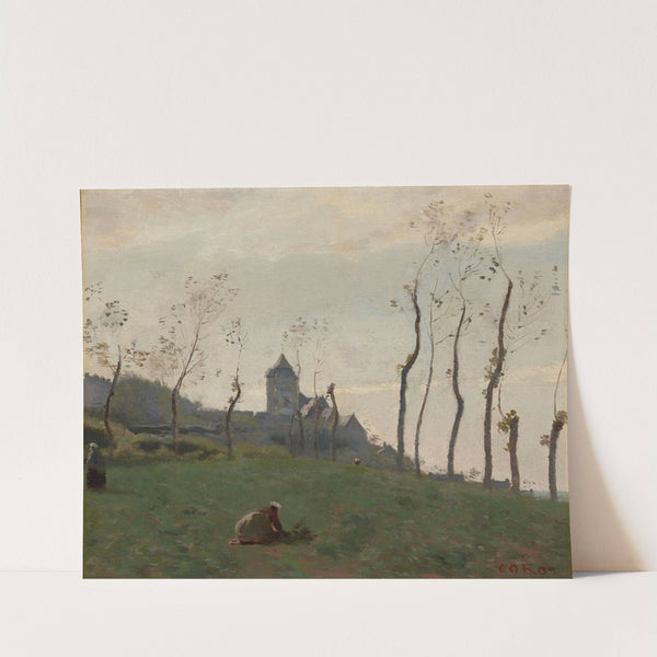 Le Tréport - Un pré et l&#039;église by Jean-Baptiste-Camille Corot