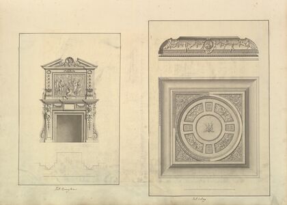 Leaf from Aedes Walpolianae mounted with two drawings; (a); Hall Chimney-Piece, Houghton Hall, Norfolk; (b); Hall Ceiling, Houghton Hall, Norfolk