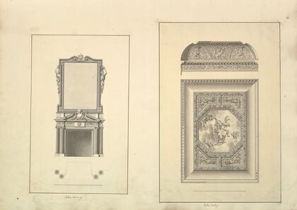 Leaf from Aedes Walpolianae mounted with two drawings; (a); Salon Chimney, Houghton Hall, Norfolk, Elevation; (b); Salon Ceiling, Houghton Hall, Norfolk