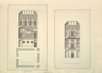 Leaf from Aedes Walpolianae mounted with two drawings (a); Side of the Staircase, Houghton Hall, Norfolk, Elevation; (b); End of Staircase, Houghton Hall, Norfolk