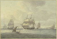 Leicht bewegte See, unter vielen Schiffen ein Dreimaster mit vollen Segeln nach links, vorne ein Segelboot