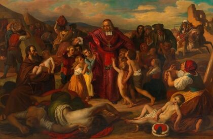 Leopold Graf Kollonitsch führt nach der Belagerung Wiens im Jahr 1683 die Kinder der ermordeten christlichen Gefangenen aus dem verlassenen türkischen Lager (1853) — size preview