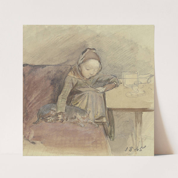 Lesendes Kind mit der Katze an einem Tisch auf einem roten Sofa sitzend (1845) by Jakob Fürchtegott Dielmann