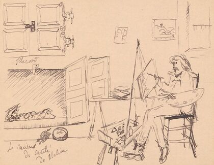 Letter to Maria Mickiewiczówna with a drawing [self-portrait of the artist painting a picture at their workshop, with the ill dog Malina lying in its
